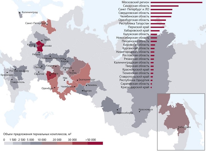 Карта насыщенности регионов России термальными комплексами