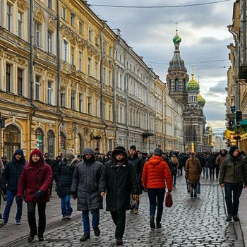 Жители Санкт-Петербурга спешат на работу ранним утром