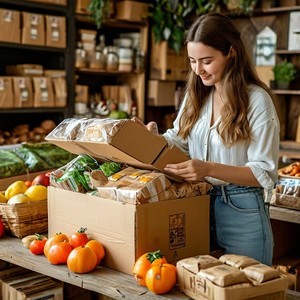 Девушка на столе открывает коробку с маркетплейса и вынимает упакованные товары